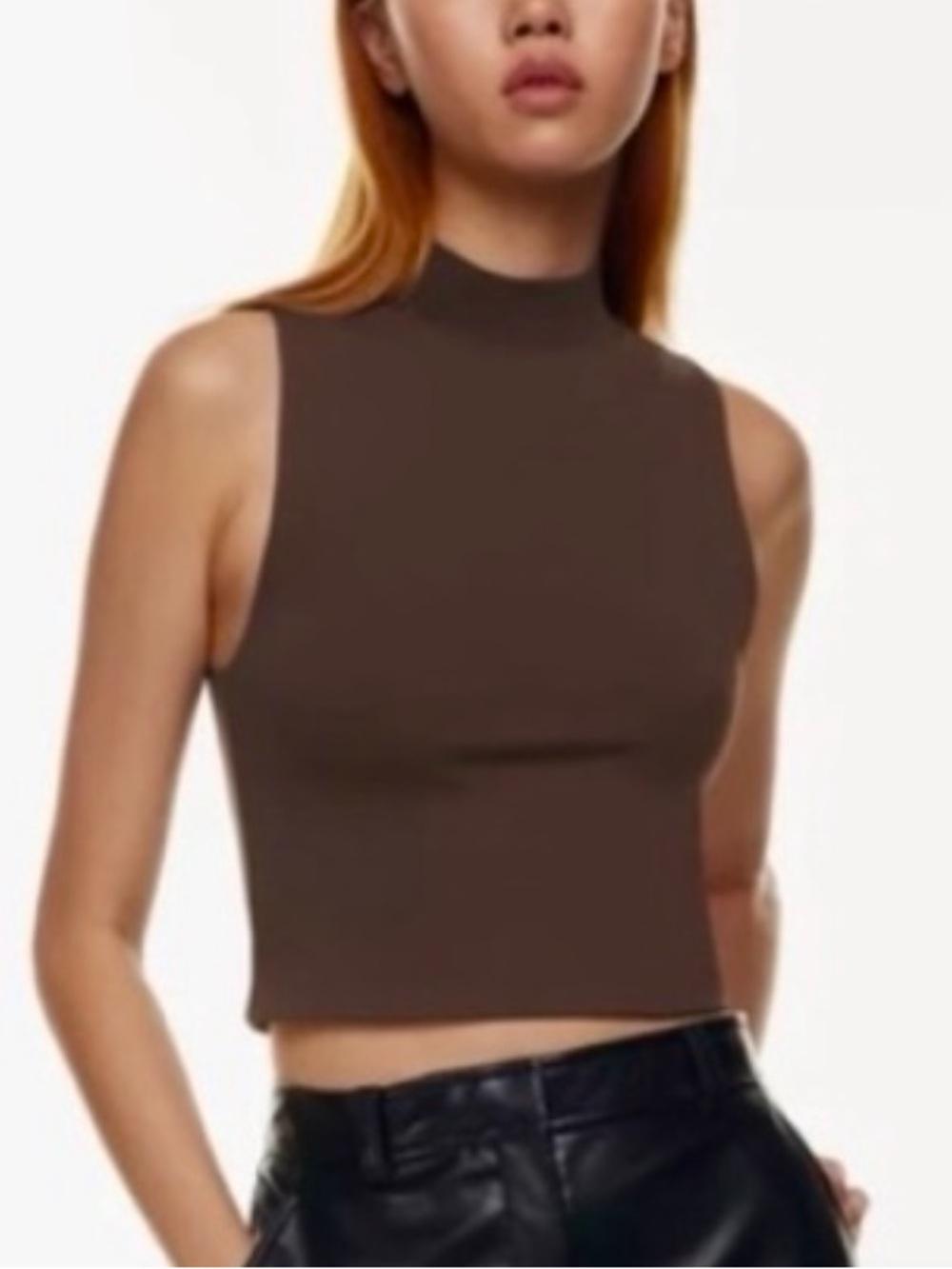 Aritzia Babaton Brown Contour Mock Neck Tank Top Cropped Sleeveless XXS 2XS